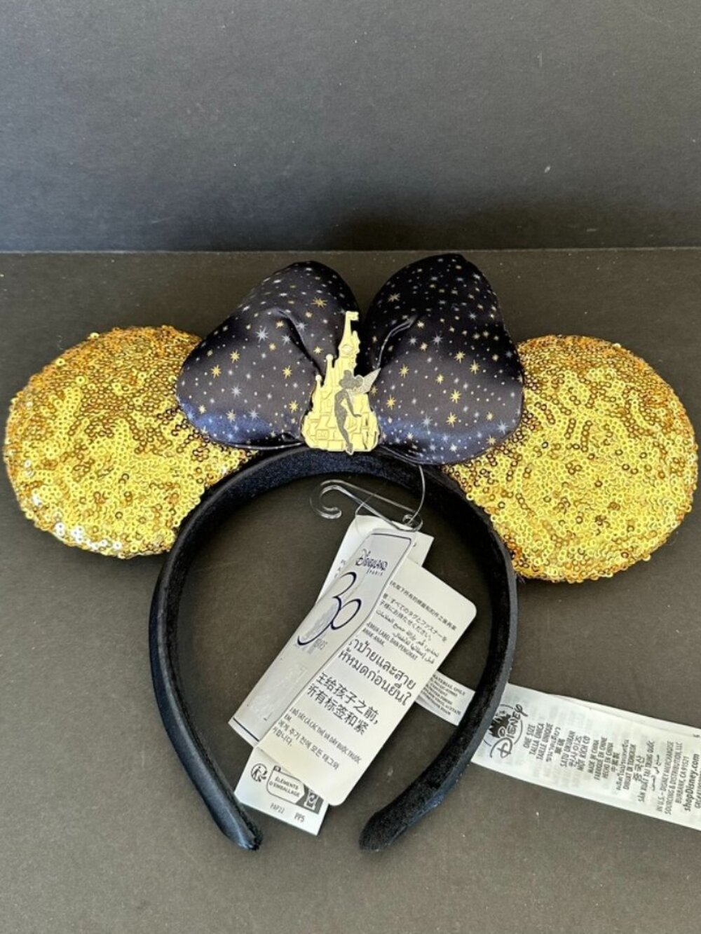 Disneyland Paris 30 Year Anniversary Tinkerbell Black Gold Sequins Ear Headband